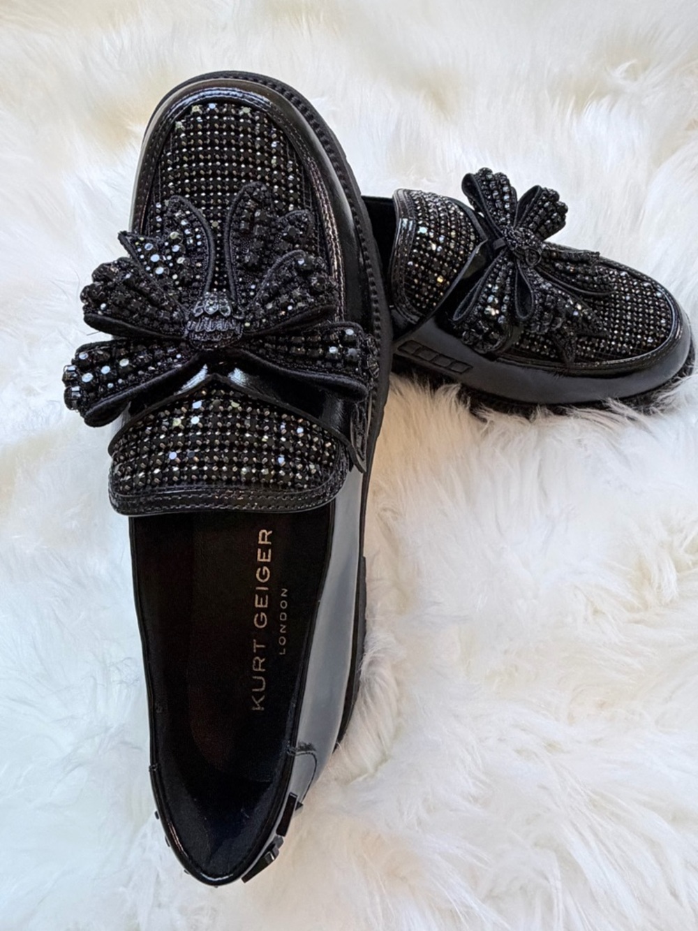 Kurt Geiger Black Patent Loafers with Crystal Bow